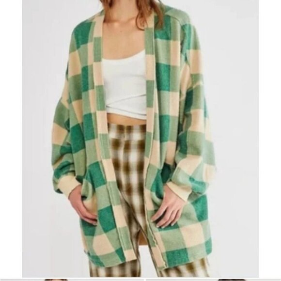 Free People Small Forest Green Plaid Benji Cardi Cardigan Oversized Boho - Picture 2 of 16
